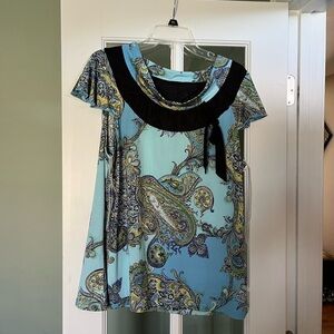 Apt. 9 Aqua Paisley Short-Sleeve Top with Black Ruffle Neck